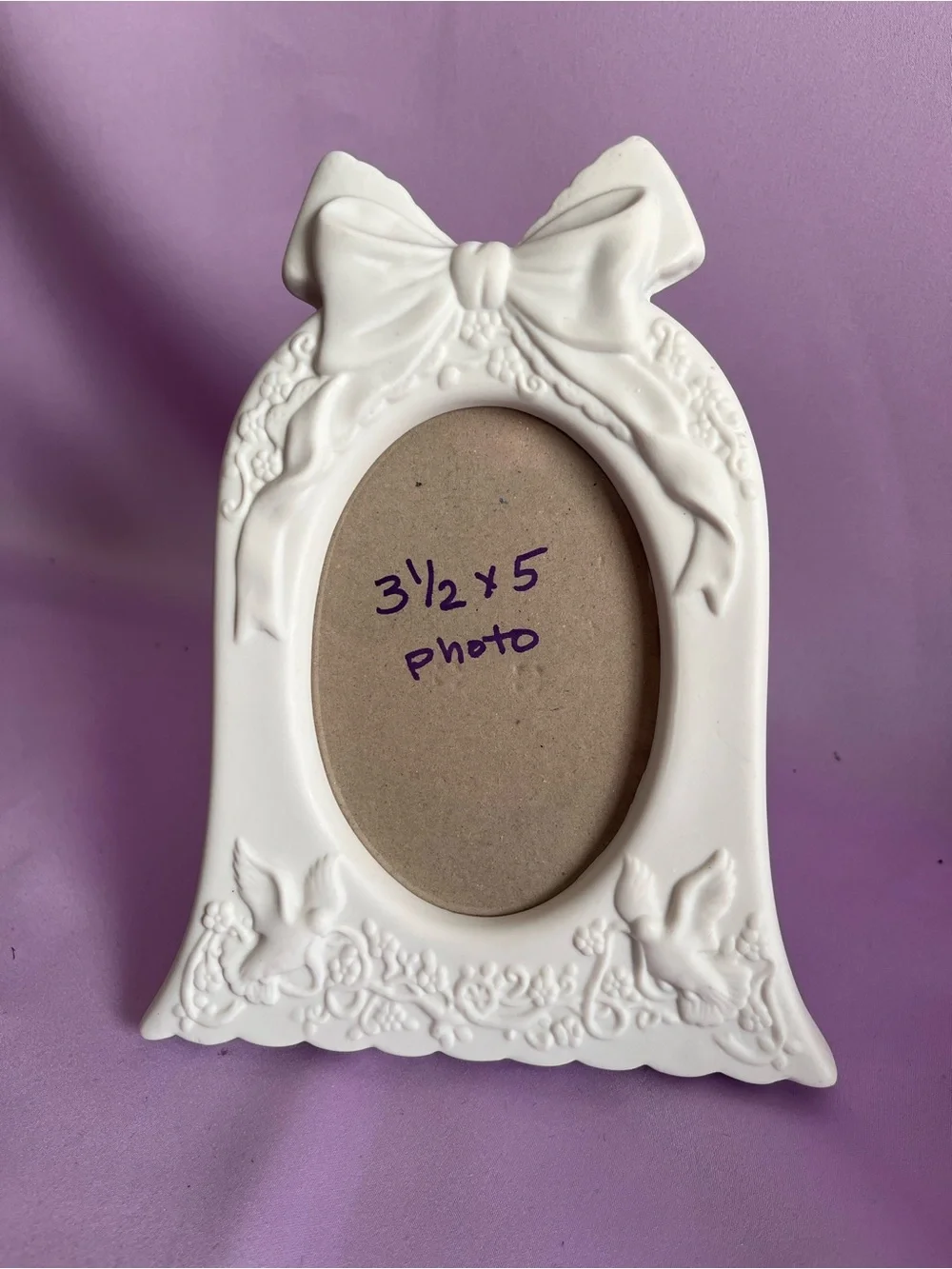 White Ceramic Wedding bell with Bow Photo Frame for 3.5 x 5 Photos.